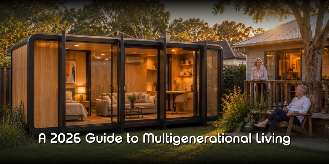 Elsewhere Pods granny flat in an Australian backyard, designed for multigenerational family living.