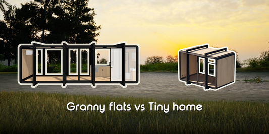An Elsewhere Pods 8m x 2.4m tiny home and a compact 4m studio pod side by side, illustrating the size and use-case difference between a granny flat and a tiny home in Australia.