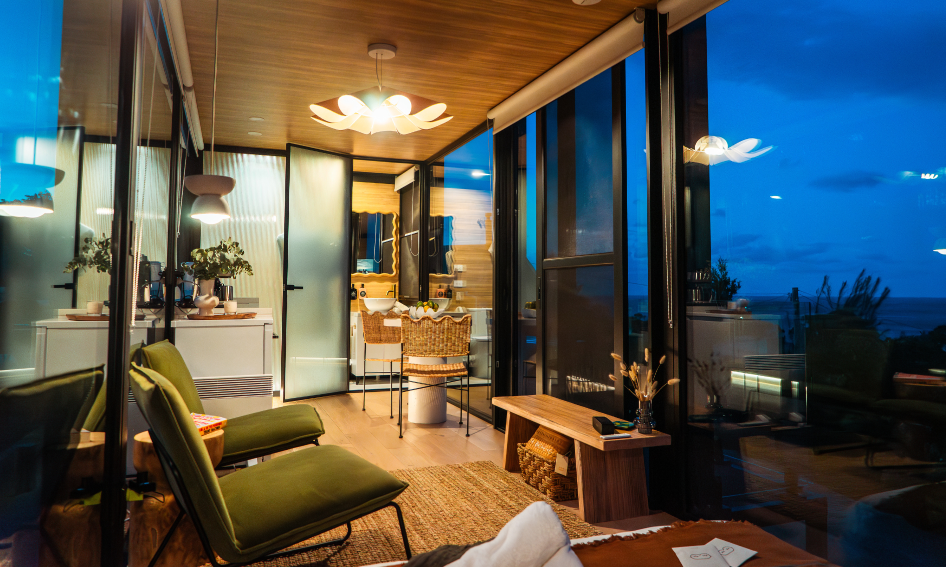 Interior of luxury tiny home at night